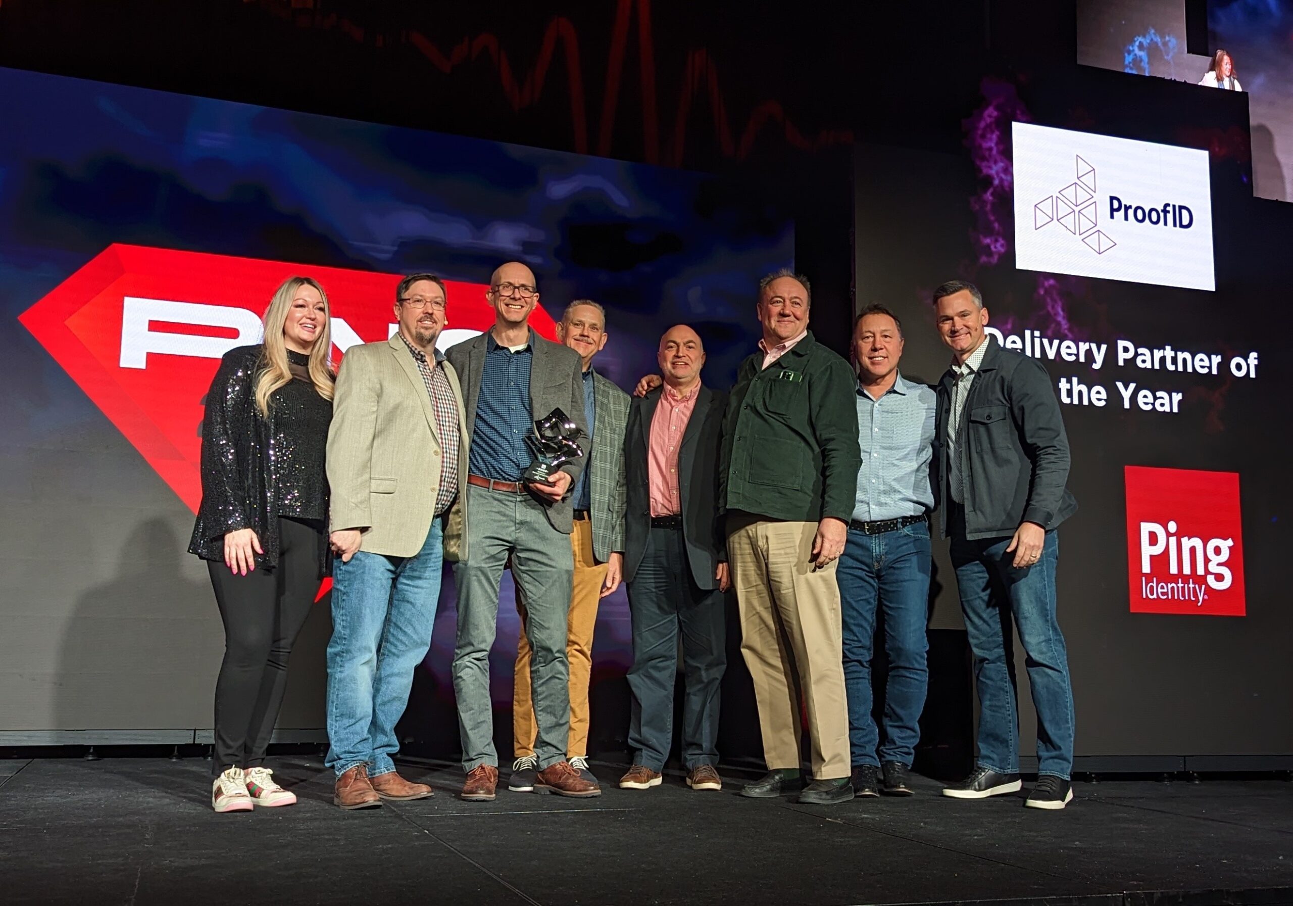 ProofID awarded 5th consecutive global delivery award at Ping Identity's SKO. (L-R) Staci Rodriguez (Ping, Snr Director NA Channel Sales), Alex Ryals (Ping, VP Channel Sales), Tom Eggleston (ProofID, CEO), Scott Montgomery (ProofID, VP US Sales), John Iandolo (ProofID, CRO), Gareth Noonan (ProofID, CSO), Andre Durand (Ping, CEO), Jason Wolf (Ping CRO)